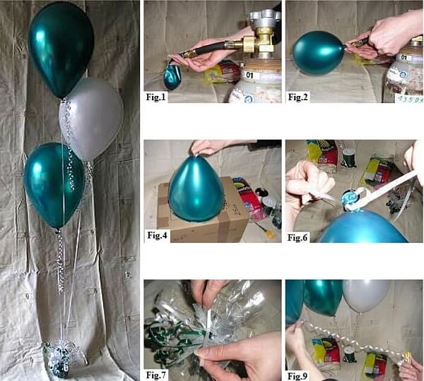 How to make a staggered balloon bouquet with teal and white latex balloons.