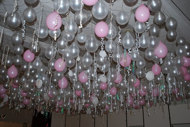 Balloons hanging upside down from ceiling 