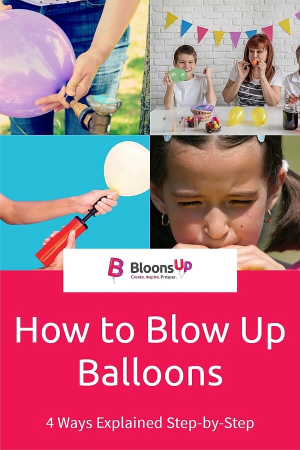 Four images showing different ways how to blow up balloons: by mouth, with a hand pump or with a helium tank.