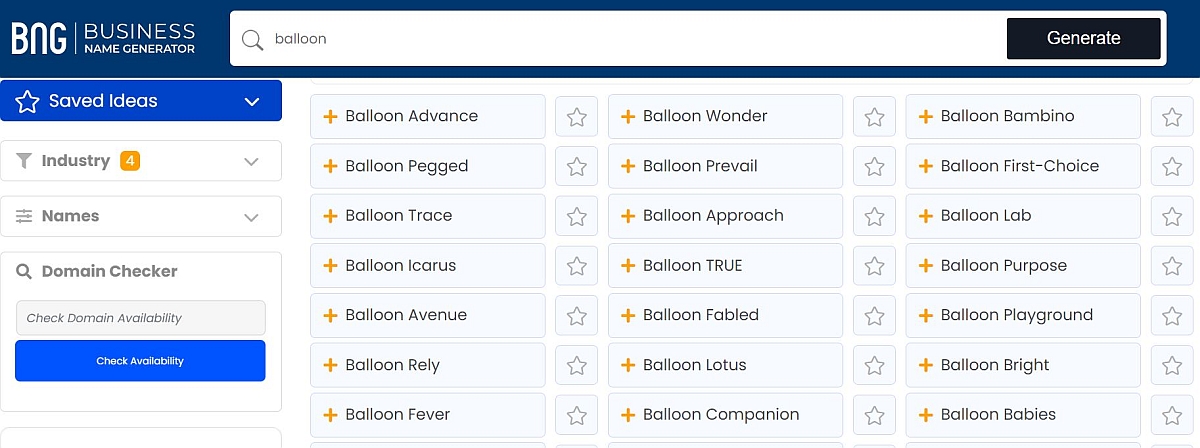 Screenshot showing a small sample of the Business Name Generator results for the keyword "balloon."
