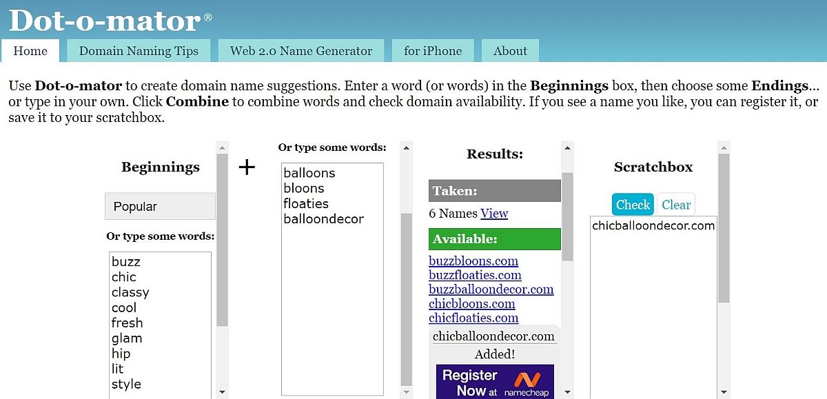 Screenshot of the Dot-o-mator business name generator tool.