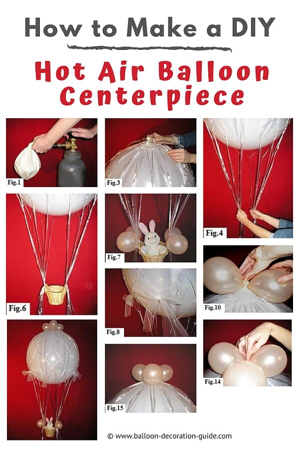 How to make a hot air balloon centerpiece, using a 36 inch latex balloon, helium, netting, tulle, 5 inch balloons, a wicker basket and a stuffed bunny or teddy bear.