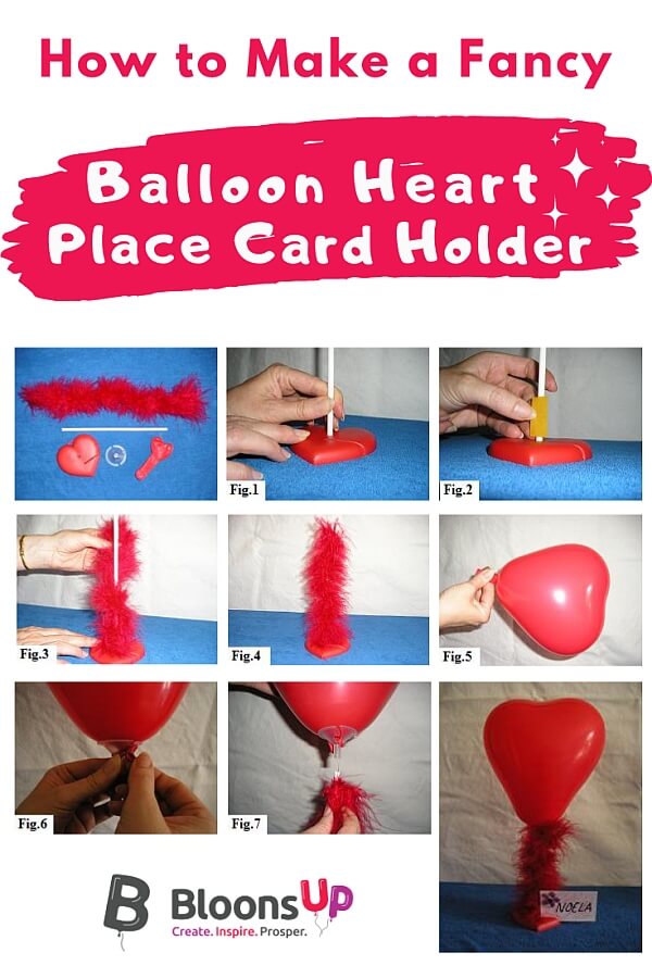 Steps showing how to make a place card holder with a balloon heart and marabou feathers