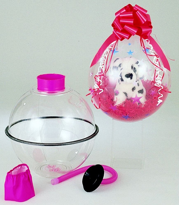 Puff N' Stuff balloon stuffing machine and an example of a stuffed balloon.