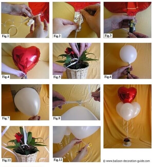 How to make a Valentine or Mother's Day balloon bouquet with three white latex balloons, a red mylar heart and a pot plant as anchor.