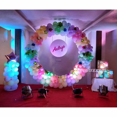 Photo background in pastel colors with matching balloon columns