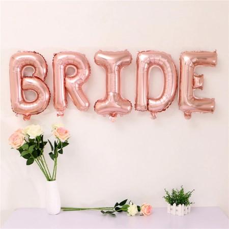 BRIDE spelled with rosegold balloon letters