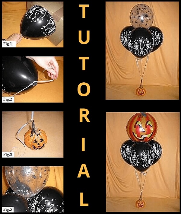 How to make a Halloween themed balloon bouquet with printed latex balloons and a ceramic pumpkin as anchor.