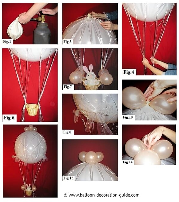 How to make a large hot air balloon centerpiece using a white 36 inch balloon, several pearl 5 inch balloons, netting, tulle, a small wicker basket and a stuffed bunny or teddy bear.