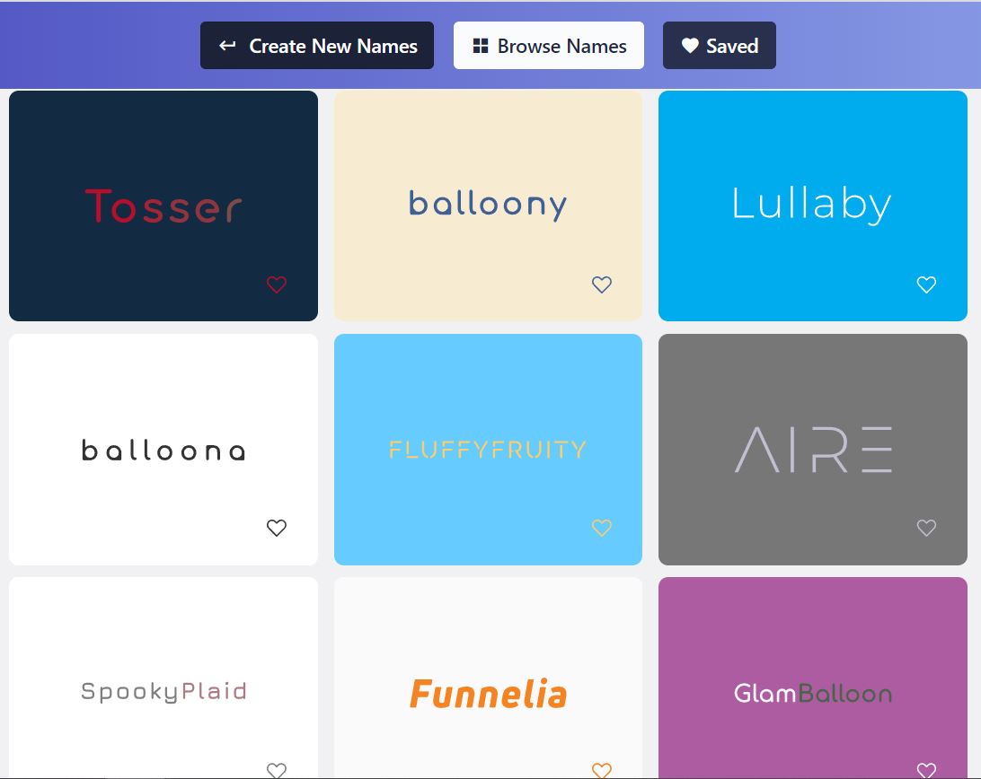 Screenshot of a small sample of balloon business name suggestions generated by Namelix.